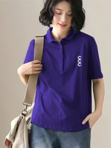 Summer Large Size Pure Cotton Polo Neck Short Sleeve T-Shirt Artistic Loose Fit Printed Turn-down Collar Versatile Casual Top