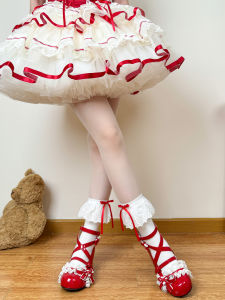 Cute Red Lace Butterfly Knot Socks Girls Mid-Calf Stockings Breathable Comfortable All Season Korean Style Home Fashion
