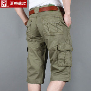 New Mens Cropped Pants Mens Loose Casual Multi-Pocket Work Pants plus Size Elastic Thin Shorts Cotton Cropped Pants