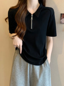 plus Size Polo Neck Zipper Short Sleeve Knitted T-Shirt Women Summer Slimming Top Base Shirt Korean Style Casual Wear