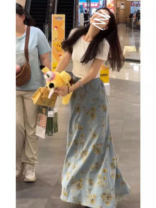 Váy Mini Denim Cạp Cao in Hoa Vàng Phong Cách Hàn Quốc Cổ Điển Mùa Xuân Hè Cho Nữ Váy Midi Cạp Cao Đa Năng