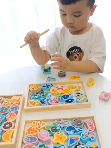 Montessori Wooden Fishing Game Shape Matching & Threading Beads Toy | Magnetic Fishing Educational Toy for Toddlers