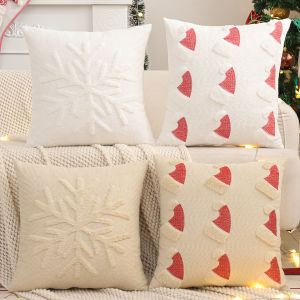 Quilting Throw Pillow Cover Christmas Decoration Faux Fur Snowflake Winter Plush Farmhouse Home Sofa Living Room 18*18 in