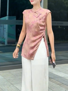 QINGNAER | Chinese Style Fit Slim Short Sleeve Slit Design Women Shirt