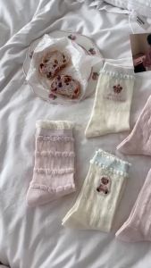 Dreamlikelin 5 Đôi Tất Nữ Mỏng Họa Tiết Gấu Màu Hồng Dễ Thương Xuân Hè Polyester Thấm Hút Mồ Hôi Tất Co Giãn Thông Thường