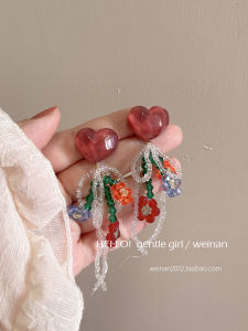 Dopamine Girl Long Tassel Ear Cuff Colorful Heart Shaped Mosquito Coil Dish Fashionable Summer Earrings Korean Style Jewelry