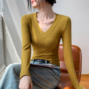 GEBEISHANG | Slim-Fitting Deep V-Neck Long Sleeve Womens T-Shirt
