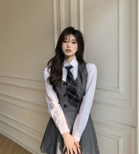 British Style Womens Suit School Uniform Korean Drama Inspired Spring Autumn Fashion Set Polyester Breathable Short Sleeve T-Shirt