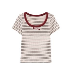 YUEZHONGWEI | Áo thun tay ngắn cổ chữ U ôm vừa vặn phong cách retro Mỹ cho nữ mùa hè Áo thun cotton thường ngày có đường kẻ