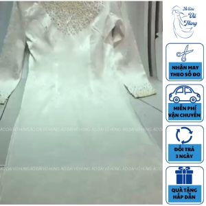 Bộ áo dài gấm tơ màu trắng đính kết tay cổ áo dài cô dâu áo dài mặc cưới