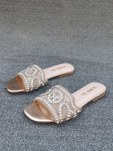 Fashionable Mesh Hollow Diamond Sandals Open Toe Womens Slippers Daily Wear Summer Style Flat Heel Wear-Resistant Glue Adhesive Shoes