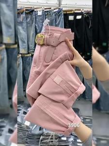 Pink Denim Nine-Piece Pants Womens Loose Dad Straight Leg Elastic Harlan Trendy Casual Multi-Pocket Natural Waist Jeans