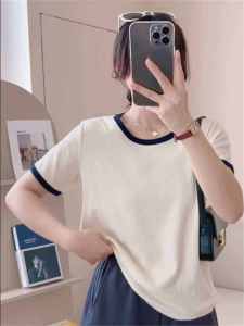 Elegant U Collar Shoulder Contrast Color Loose Slim Looking Short Sleeve Summer 2024 New Arrival Plus Size T-Shirt Womens Base Tops Inner Wear