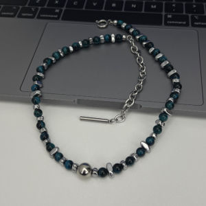 Blue Natural Tiger Eye Stone Necklace Mens Hip Hop Design Titanium Steel Pendant Chain  out Fashion Accessory for Men