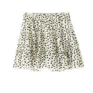 กระโปรงทรงเค้กพิมพ์ลายดอกไม้เอวสูง กระโปรงทรงเอปานกลางสำหรับผู้หญิง ฤดูร้อน 2025 กระโปรงสั้นป้องกันแสง กระโปรงทรงเอ