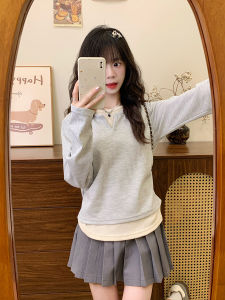 Cream Universe Labeling Waffle Fake Two-Piece Shoulder Long Sleeves T-shirt Female Korean Ins Early Autumn Inner Wear Blouse