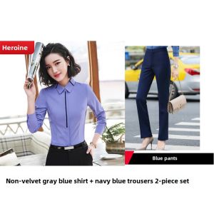 Gray Blue Professional Long Sleeve Shirt Womens Formal Front Desk Work Uniform Set Elegant Business Attire Commute Style