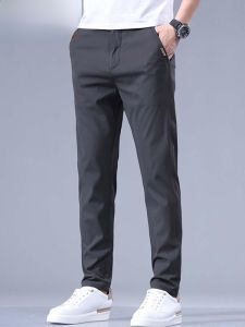 HENGYUANXIANG | กางเกงขายาวผ้าไหมน้ำแข็งสำหรับผู้ชาย ทรงตรง บาง แห้งเร็ว รู้สึกระบายอากาศได้ดี ทรงธุรกิจลำลอง ยืดหยุ่นสูง กางเกงขายาวสำหรับผู้ชาย