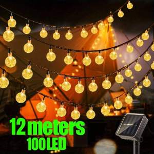 12 Meters Solar String light Outdoor Waterproof 100 LED Christmas Crystal ball for Patio bulb Lights With Solar Panel Original Flash Fairy Garden Party Camping Garland Lamp Porch Wedding Party Decoration lamp