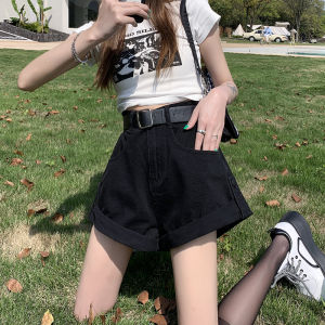 Quần Short Denim Cạp Cao Cho Nữ Mùa Hè Mỏng Mới Phong Cách Hàn Quốc Rộng Rãi Chữ a Quần Short Ống Rộng Màu Đen