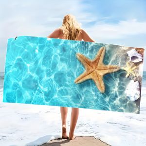 Microfiber Beach Towel Starfish Seahorse Design Thin Absorbent Extra Large Towel for Beach Swimming Camping Yoga Bath Sports