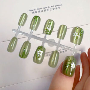 Handmade Nail Art Stickers Green Cat Orchid Design False Nails Wearable Nail Tips Beauty Salon Supplies Chinese Brand