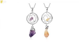 CSJA Womens Dreamcatcher Necklace Purple Crystal Pendant Silver-Color Wire Natural Stone Irregular Jewelry G409
