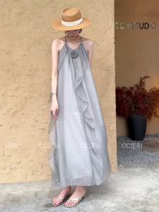 Váy Mùa Hè Kiểu Pháp Hoa Nổi Viền Lá Sen Dây Đeo Cổ Hở Vai Váy Vest Thanh Lịch Cho Nữ Chất Liệu Polyester Không Tay