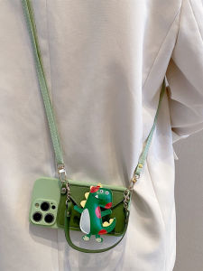 Green Dinosaur Silicone Phone Case with Coin Purse And Crossbody Hanging Rope Anti-fall Protection for 13 14 15 pro Max