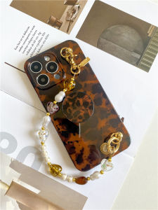 Brown Amber Glass Pearl Chain Phone Case Full Cover Shockproof Soft Shell for  17 16 14 15promax Personalized High-End Style