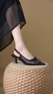 [JSJK] Bowknot Mesh Hollow-Out Slingback Pointed-Toe Breathable Versatile Fairy-Style KittenHeels #009
