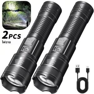 ไฟฉาย LED ที่มีประสิทธิภาพพร้อมจอแสดงผลแบตเตอรี่ USB ชาร์จไฟ Telescopic Zoom ไฟฉายโคมไฟตกปลาตั้งแคมป์กลางแจ้ง