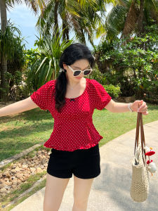 Red Polka Dot Short Sleeve T-Shirt DM100 plus Size Womens Fashion Summer New Sweet Style Casual Loose Fit round Neck Top