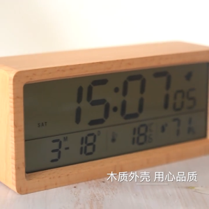 LED Real Wooden Alarm Clock with Smart Light Calendar Thermometer Bedside Digital Wood Jam Loceng Kuat Loud Sound