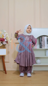 Little K&N Setelan Baju Muslim Anak Perempuan - Gamis Panjang Set Celana Usia 3-10 Tahun Premium Motif Polos Bordir