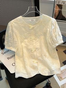 Áo Sơ Mi Tay Ngắn Thêu Nút Truyền Thống Trung Quốc Mới Cho Nữ Thời Trang Thường Ngày Cổ Tròn Dài Thường