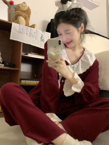 Red Snakes Year Womens Sleepwear Thin Flocking Home Clothes Set Spring Autumn New Style Home Leisure Long Pants V-neck Button Front