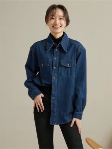 Fleece-lined Thickened Denim Shirt Jacket Female Fall and Winter Base Bandage Dress Vintage Shirt French Style Design Niche Top