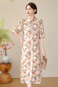Retro Chinese Style Cotton Silk Solid Color Summer Dress Womens Loose Fit Thin Fashionable plus Size Floral Print Gown