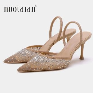 New Summer Womens Sandals Rhinestone Bright Mesh High Heels Footwear Elegant Slingback Pointed Slip on Party Lady Pumps Shoes