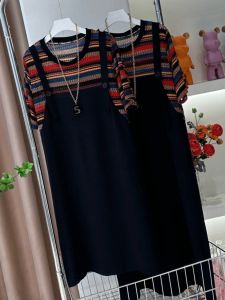 plus Size Slimming Short Sleeve Midi Dress round Neck Patchwork Korean Style Summer Casual High Waist A-Line Skirt Dress
