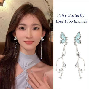 ต่างหูรูปหยดน้ำยาวรูปผีเสื้อนางฟ้าสำหรับผู้หญิงจี้คริสตัลผีเสื้อสีเทอร์ควอยซ์ที่ละเอียดอ่อนเครื่องประดับต่างหูงานแต่งงานของขวัญวันวาเลนไทน์