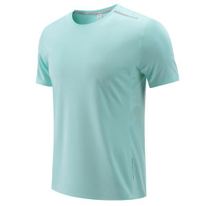 เสื้อยืดแขนสั้นสีเขียวประกายแสงแห้งเร็วสำหรับวิ่งในช่วงฤดูร้อน คอกลม ทรงหลวม แฟชั่นสำหรับผู้ชาย ผ้าโพลีเอสเตอร์