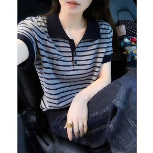 Slimming Colorful Stripes Polo Collar T-Shirt