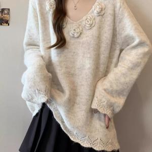 Chic V-Neck Knitted Sweater with 3D Flower Design Medium-Length Fashionable Warmth-Retaining Long Sleeve Womens Top