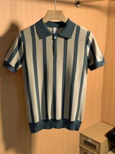 Summer Mens Ice Silk Stripe Knitted Polo Shirt Casual Loose Fashionable Short Sleeve Turn-down Collar T-shirt for Youth