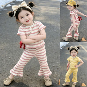 Melario | New Summer Korean Fashion Childrens Clothing Round Neck Lace Striped Top+Pants Casual Daily Girls Set for 2-7 Years Old