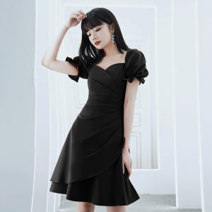 Elegant Short Wedding Dress Womens Slim Fit Simple Style Polyester Fabric Bubble Sleeve A-Line Skirt Wedding Celebration Party Dress