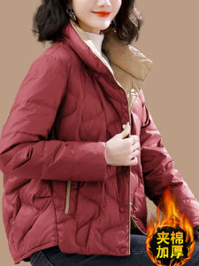 Red Lightweight down Cotton Jacket Womens Collar Autumn Winter New Style Thickened Short Coat for Middle-Aged Mothers