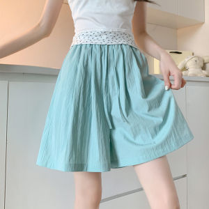 YOLO กางเกงห้าส่วนกางเกงกระโปรงผ้าไหมน้ำแข็งแบบบางสำหรับฤดูร้อนขาสั้นแบบลำลองทรงหลวมขายาวปานกลางมีผ้าจีบขากว้าง